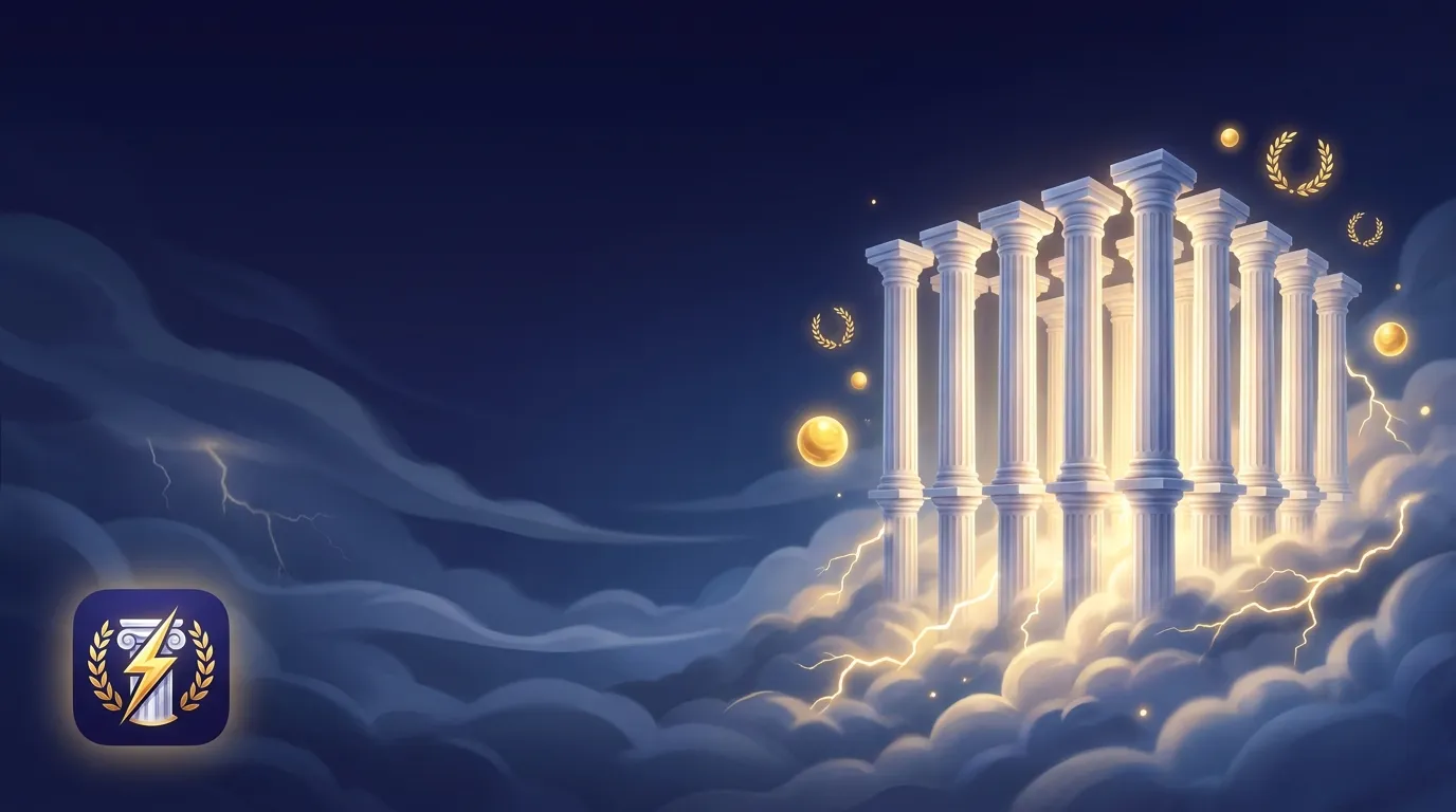 Dark indigo hero banner with marble temple columns above golden clouds, glowing lightning bolt and laurel wreath emblem badge